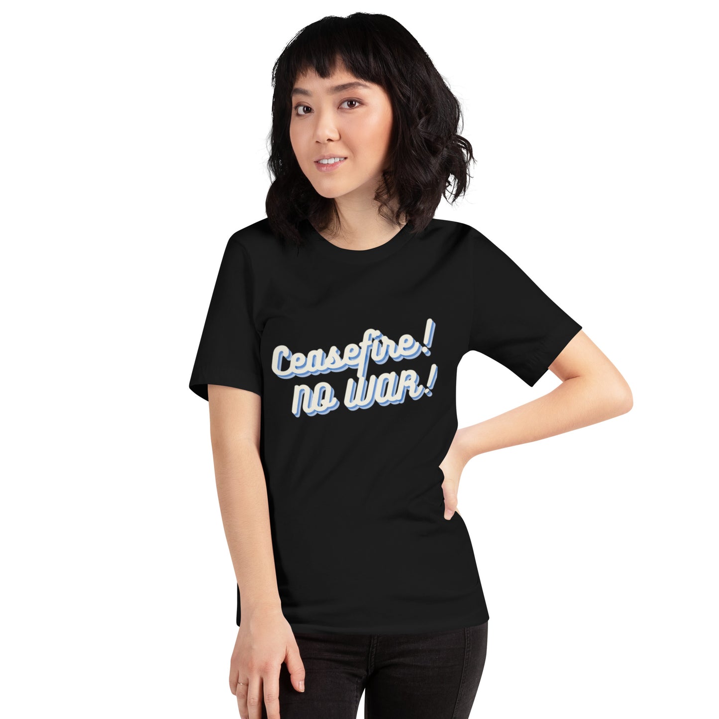 Ceasefire! No War! Blue Script Unisex T-shirt