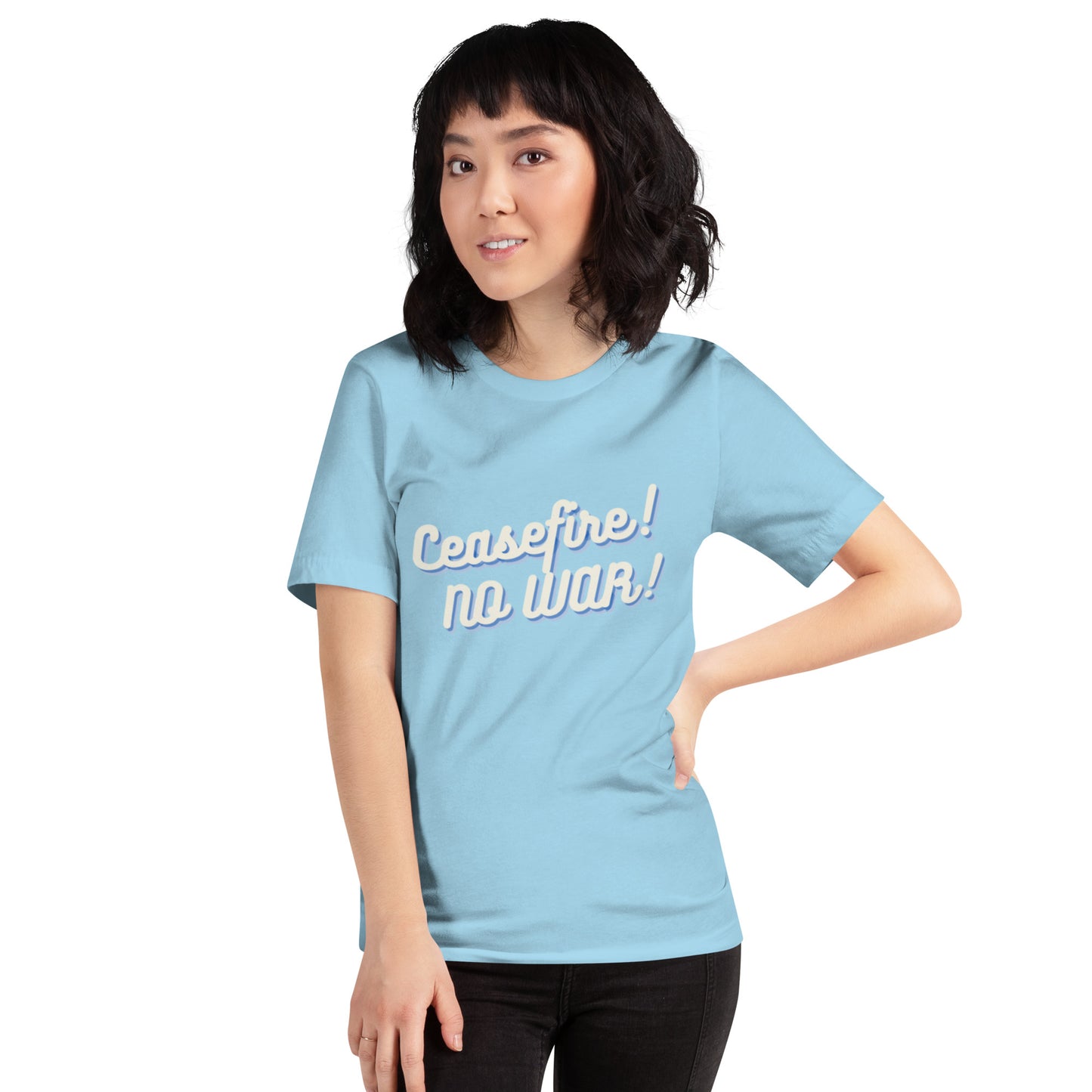 Ceasefire! No War! Blue Script Unisex T-shirt