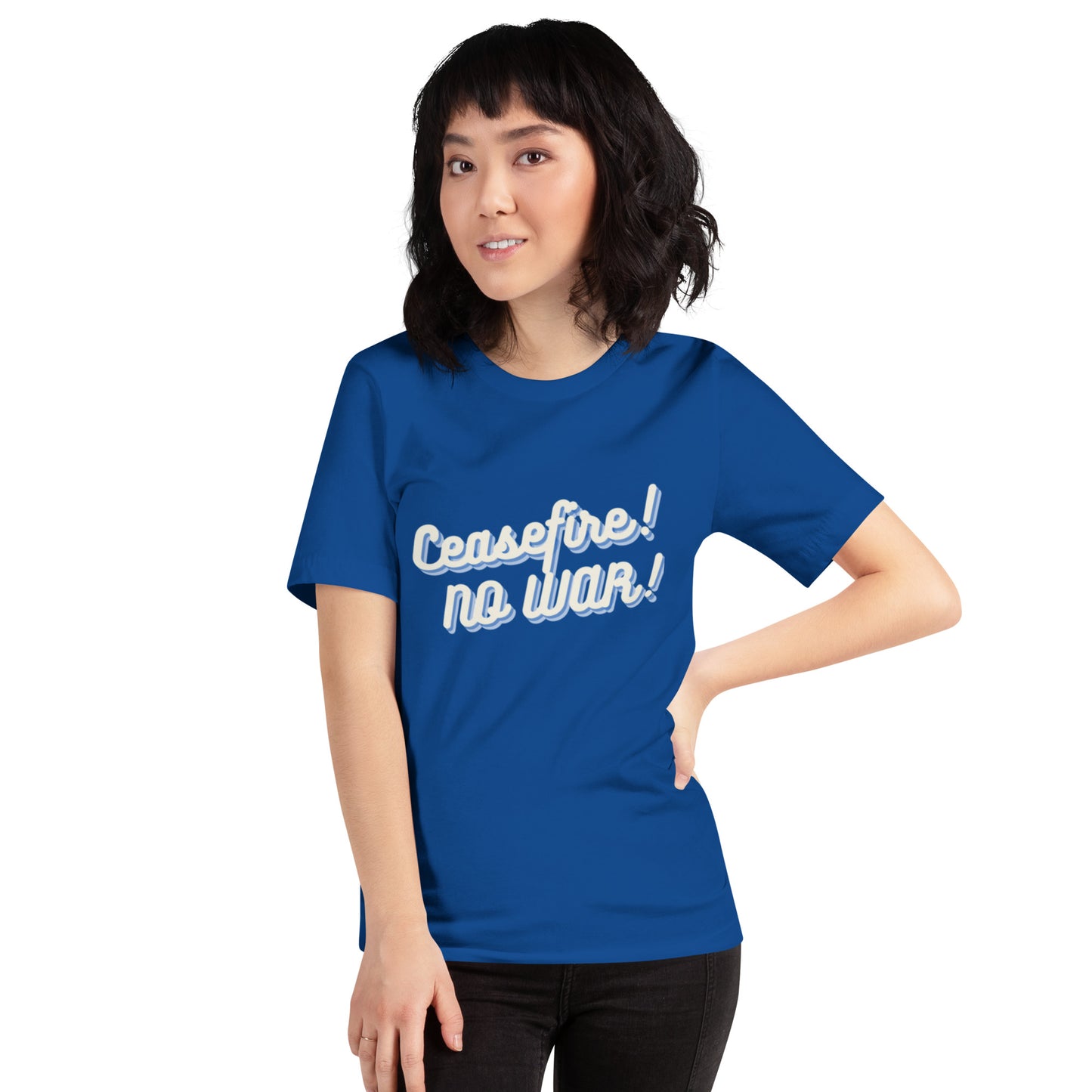 Ceasefire! No War! Blue Script Unisex T-shirt