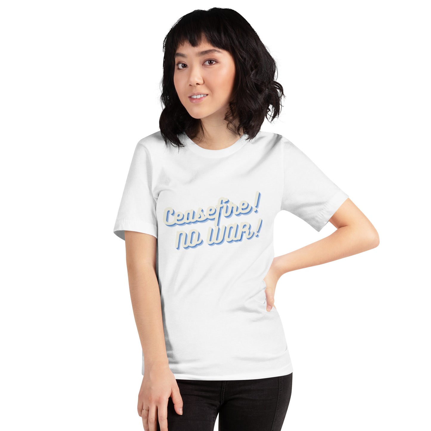 Ceasefire! No War! Blue Script Unisex T-shirt