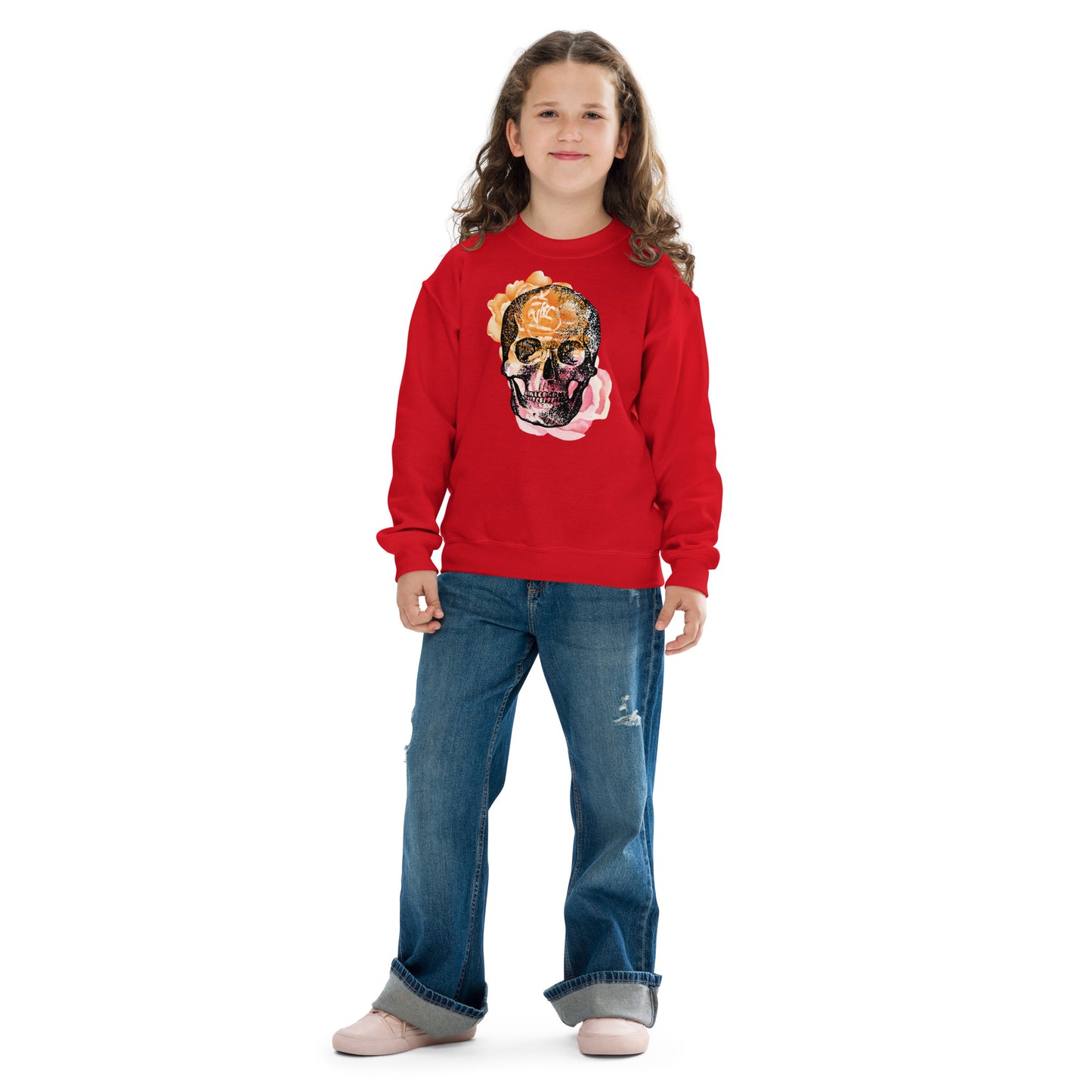 Love Eternal Rosy Skull Youth Crewneck Sweatshirt