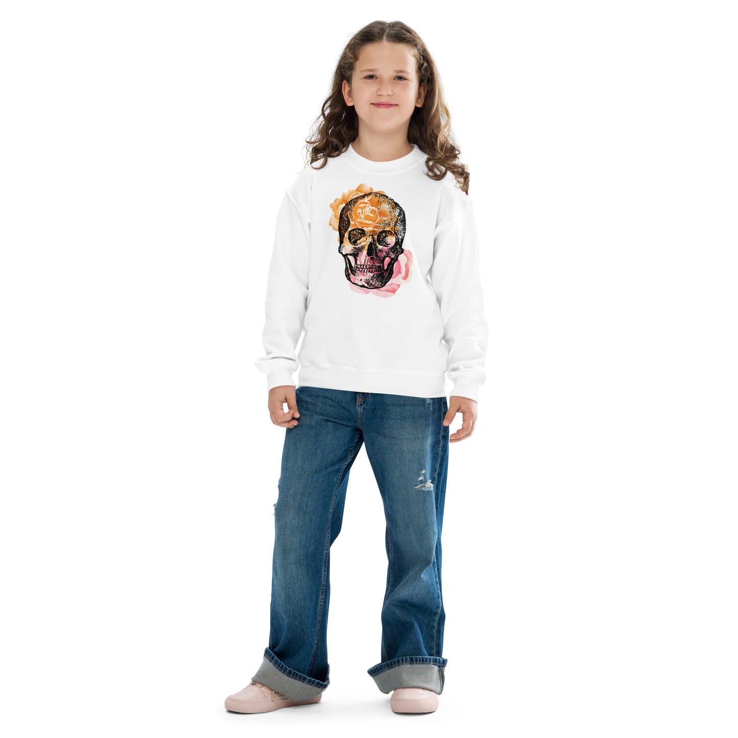 Love Eternal Rosy Skull Youth Crewneck Sweatshirt