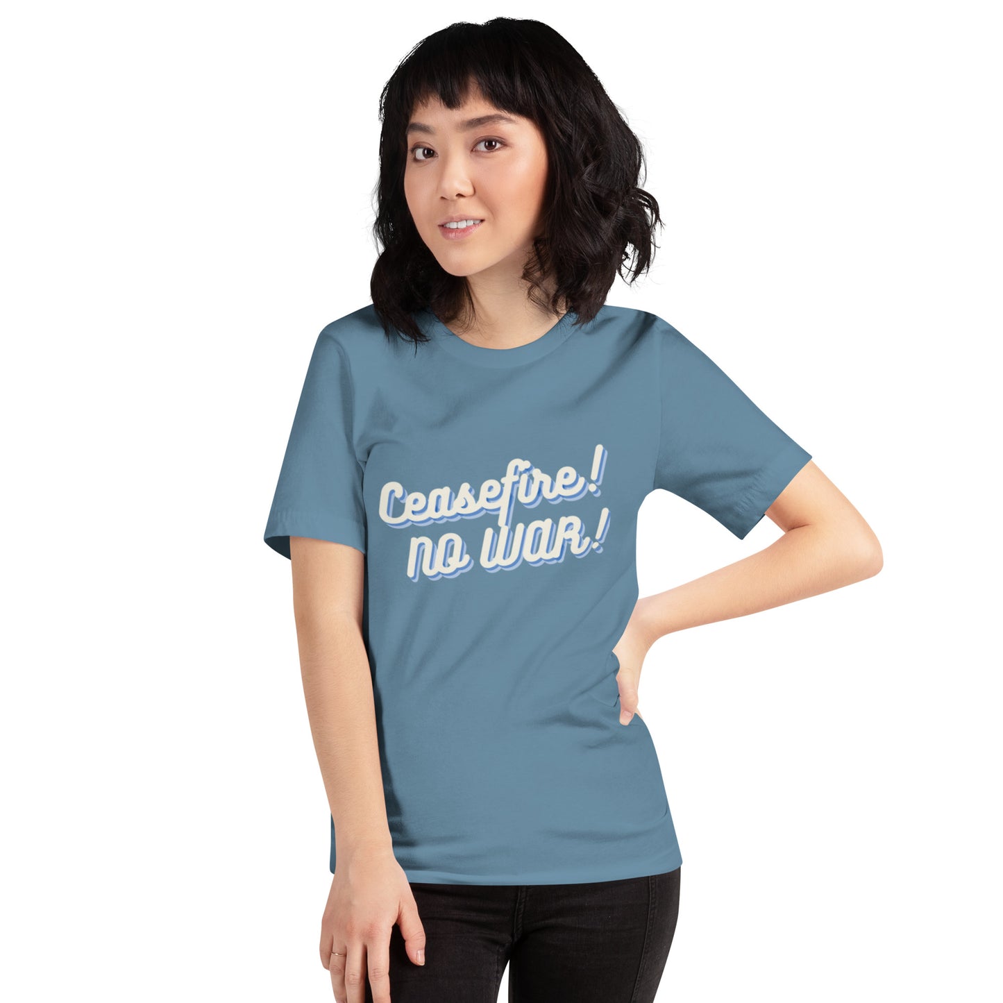 Ceasefire! No War! Blue Script Unisex T-shirt