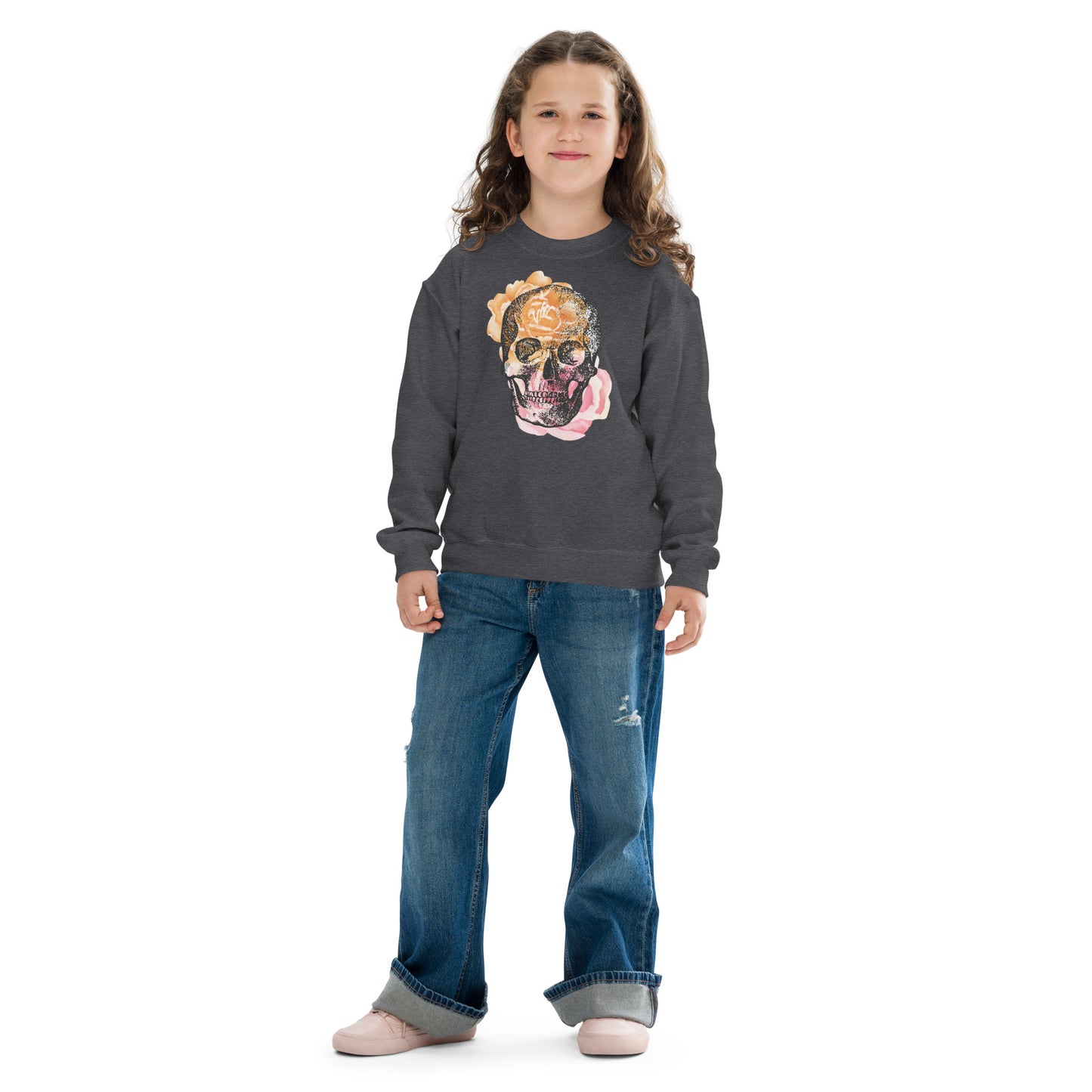 Love Eternal Rosy Skull Youth Crewneck Sweatshirt