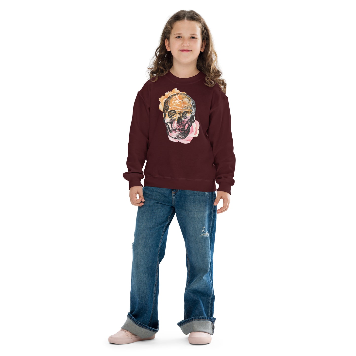 Love Eternal Rosy Skull Youth Crewneck Sweatshirt