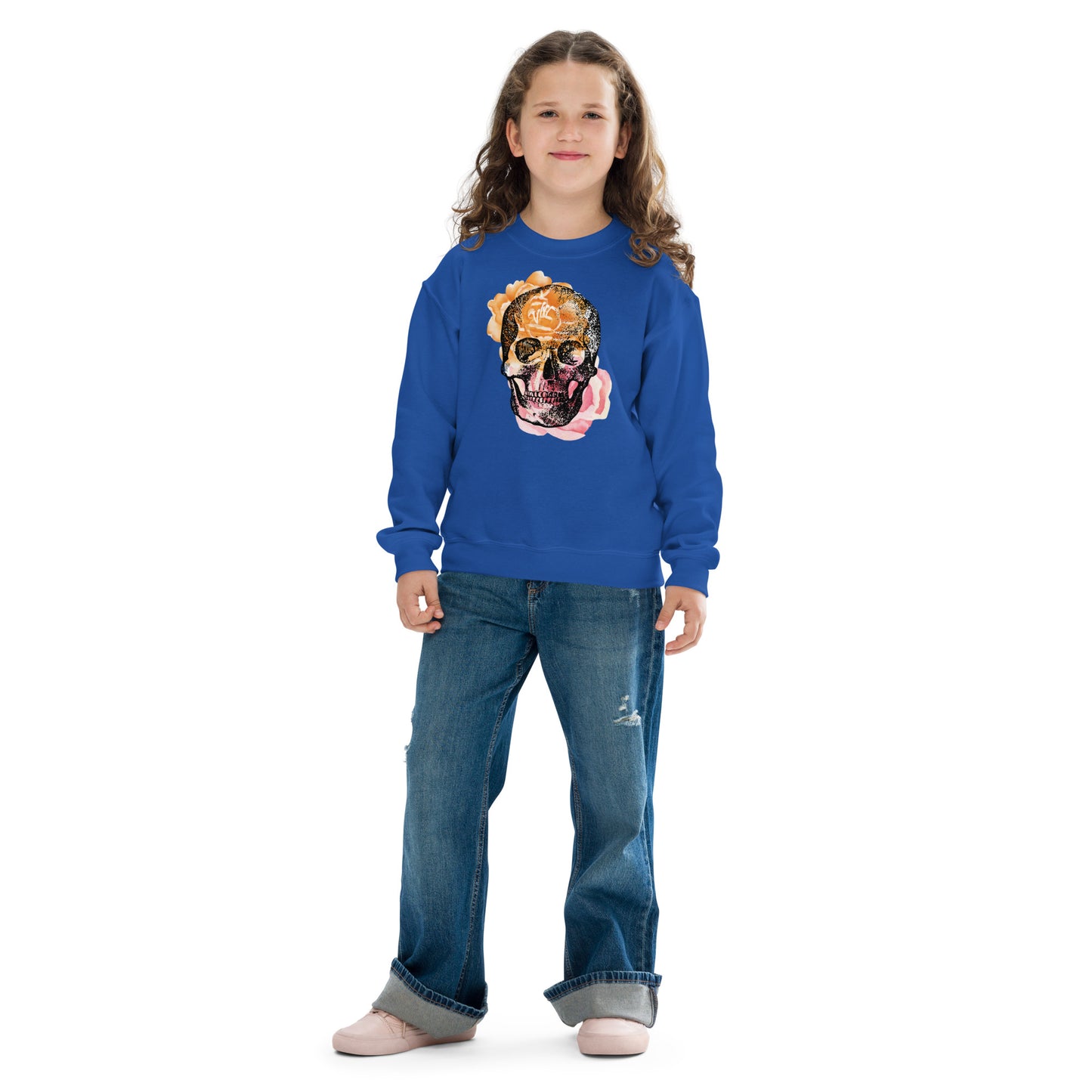 Love Eternal Rosy Skull Youth Crewneck Sweatshirt