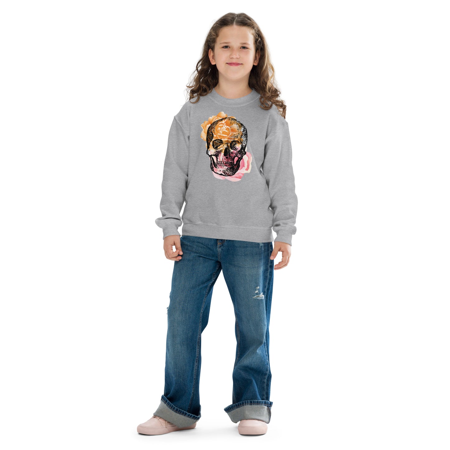 Love Eternal Rosy Skull Youth Crewneck Sweatshirt